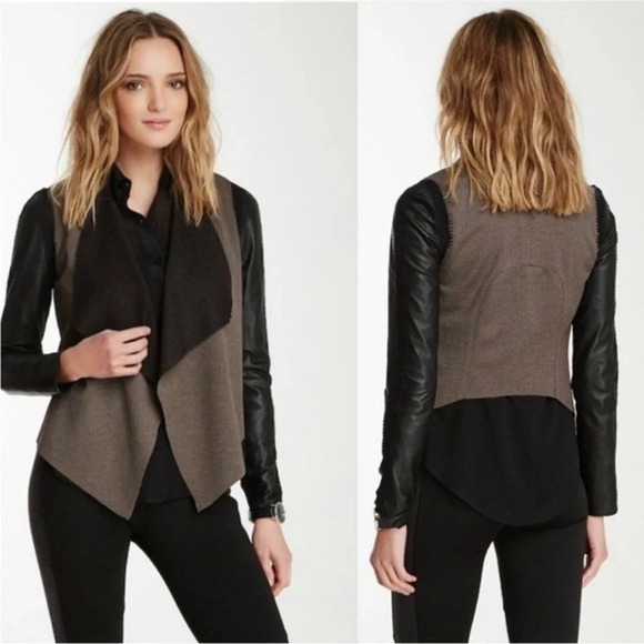 STELLA & JAMIE Rio Draped Leather Sleeve Jacket in Taupe/Black Size Medium - Picture 1 of 9